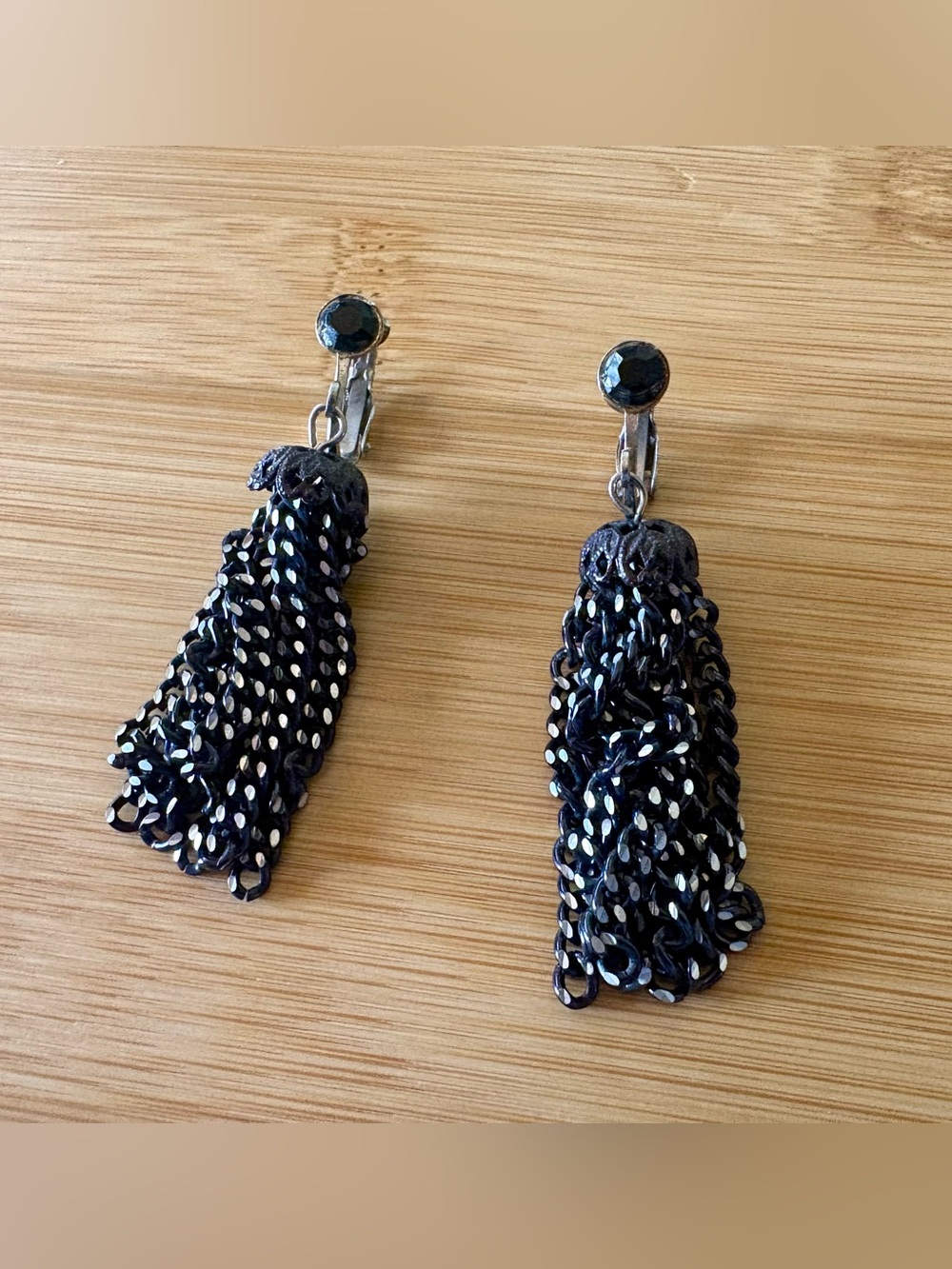 Vintage Black Tassel Clip-On Earrings with Faceted Black Accent